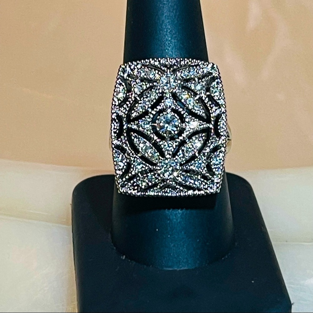 🥂Fancy Large Open Work Silver Tone White Zircon Dinner Ring!